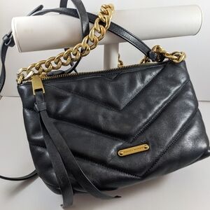 Rebecca Minkoff Black Quilted Leather Edie Crossbody with Gold Chain
